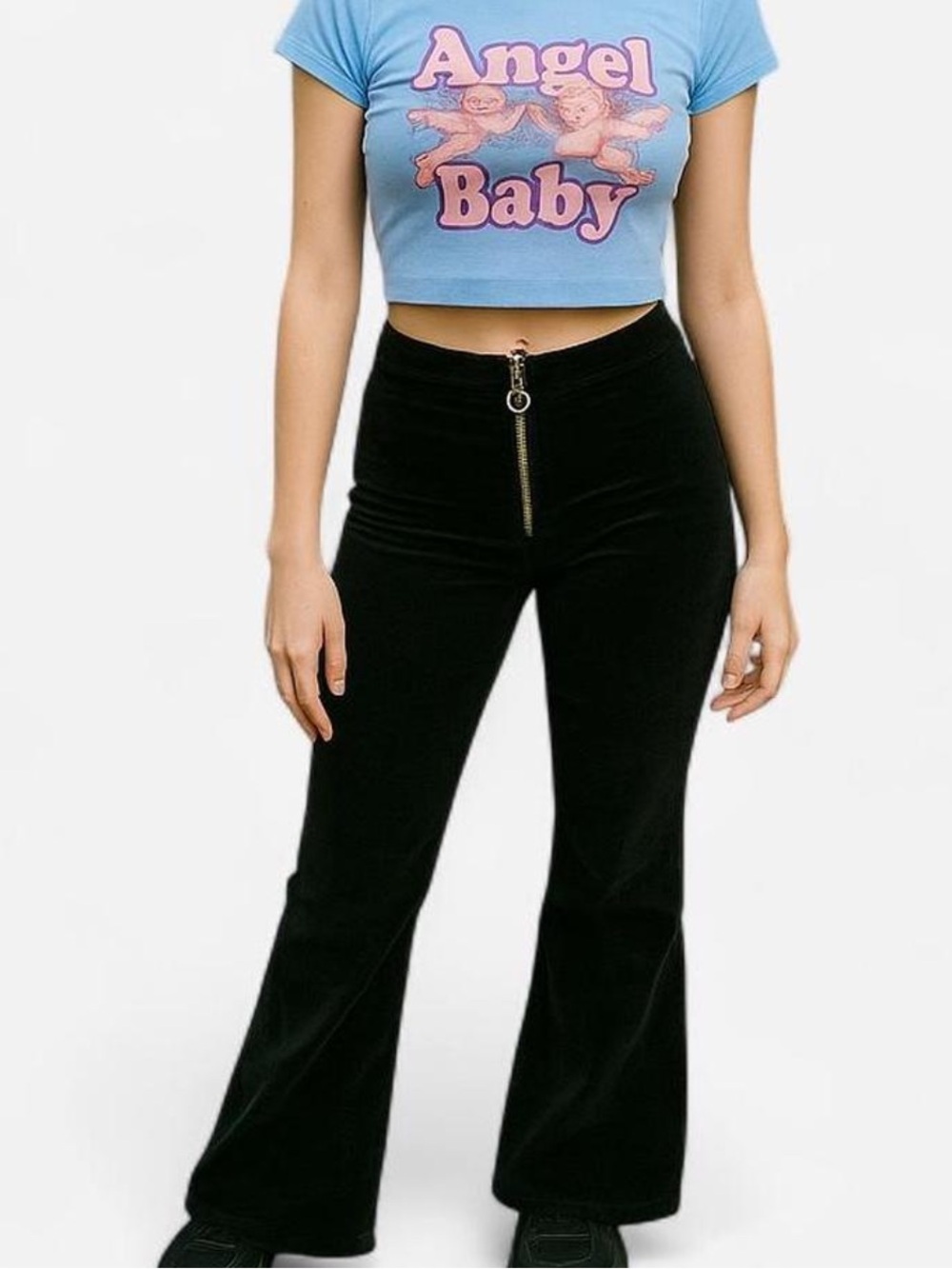 Forever 21 Black Boot Cut Velvet Pants with Front Ring Zip flare 70s 80s short